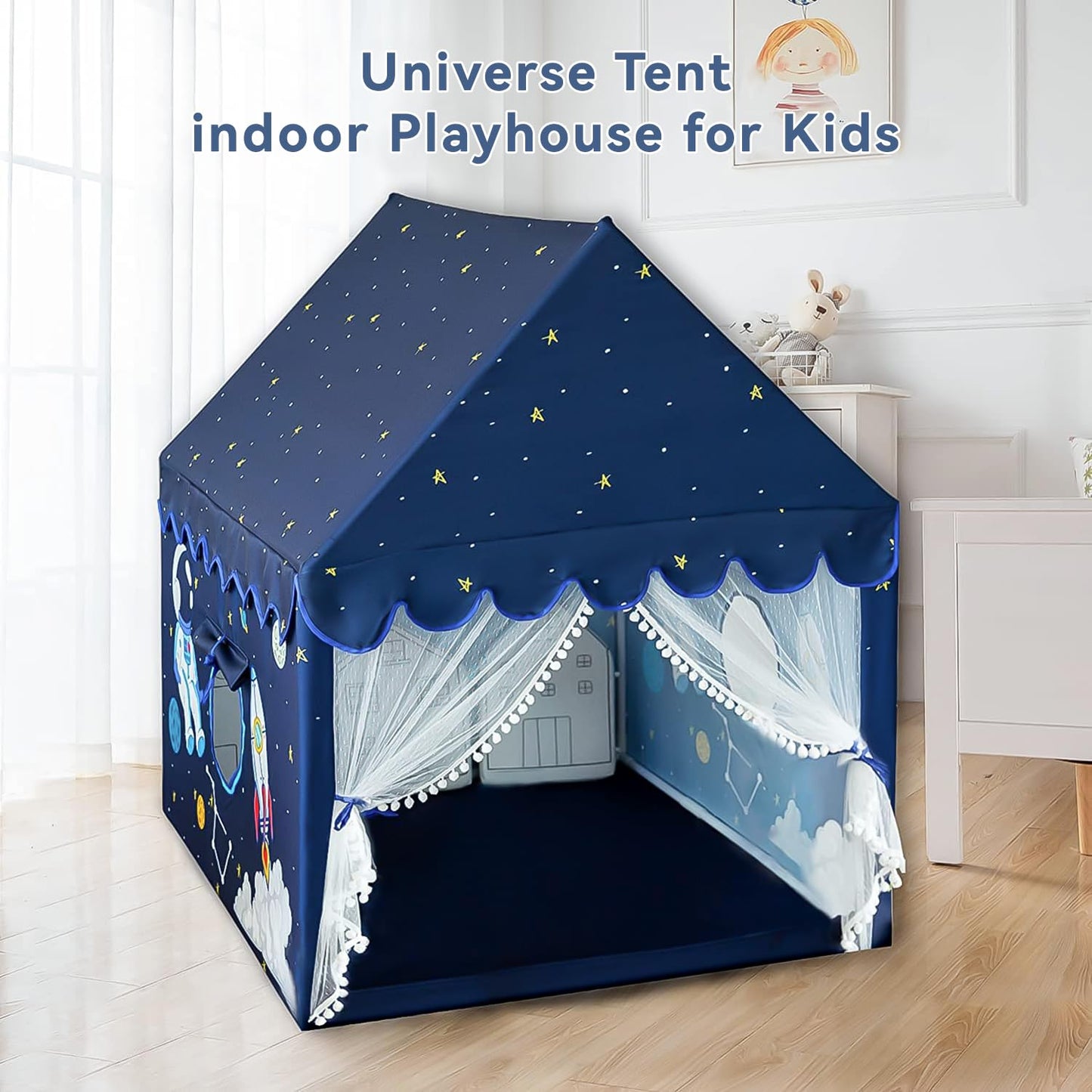 Kids Play Tent Playhouse Indoor Tent For Kids Boys Toddler, Large Castle Play House Bed Tents Spaceship Outer Space Rocket Blue
