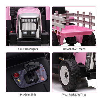 12V Kids Battery Powered Electric Tractor With Trailer, Toddler Ride On Car With Remote Control/ 7-Led Headlights/ 2+1 Gear Shift/Music Player/Usb Port For Kids 3-6 Years (Lightpink, 25W-Tread Tire)