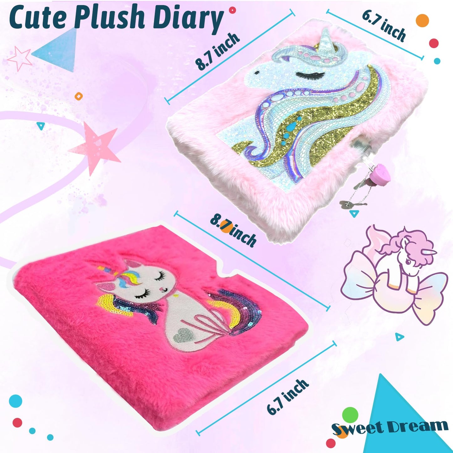 Dicvute 2Pcs Diary With Lock, Gift For 6 7 8 Years Old Girls, Fuzzy Notebook Cute Unicorn Cat Diary Secret Writing Plush Journal