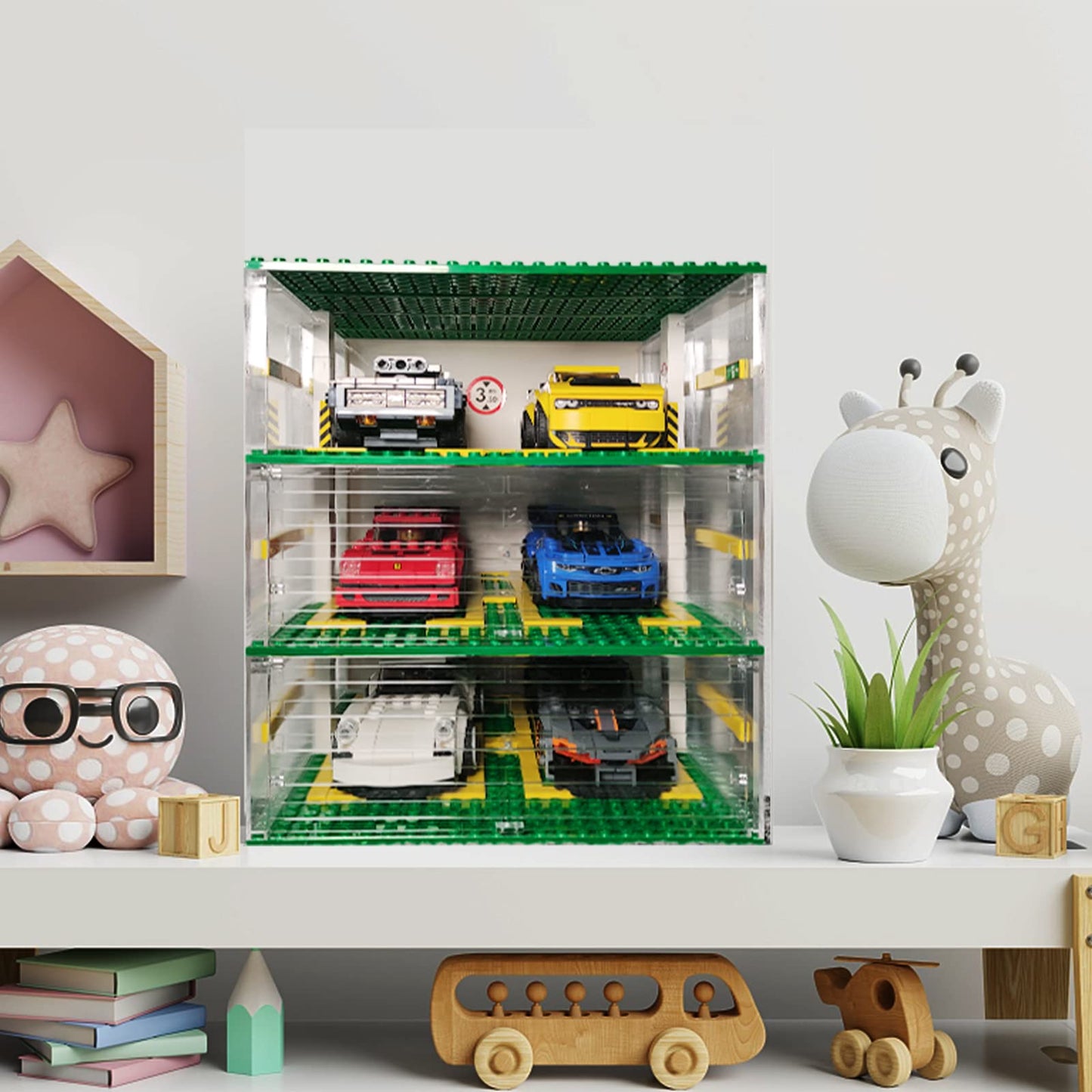 Celawork Building Blocks Garage Diy 3-Layer Showcase Car Parking Garage, Compatible Speed Champion Cars(Without Cars)