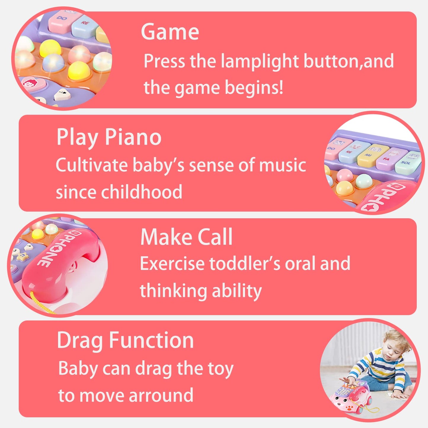 Baby Phone Toy,Baby Toy Phone Cartoon Baby Piano Music Light Toy Children Pretend Phone, Kids Cell Phone Girl With Light Parent-Child Interactive Toy Gift Game Boy Girl Early Education Gift Pink 18M+