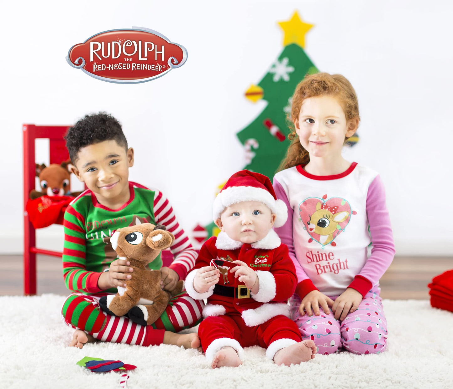 Baby Plush Rattle Snuggle Blanket With Satin And Embroidery, My First Rudolph (Red, 12 Inch)