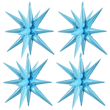 Toniful 4 Pcs 22Inch 4D Light Blue Explosion Star Mylar Balloons 14Point Star Balloons For Party Backdrop Christmas,New Year Bir