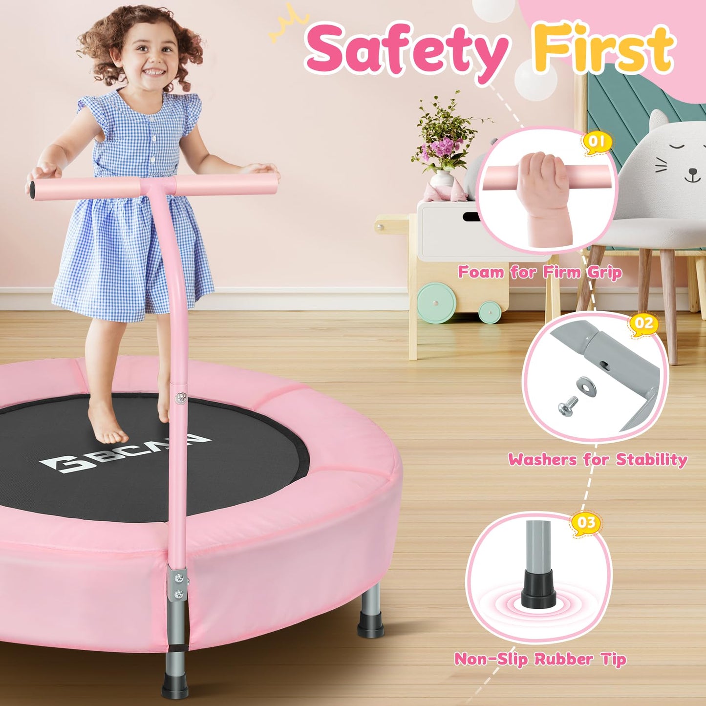 Bcan 36'' Mini Folding Ages 2 To 5 Toddler Trampoline With Handle For Kids, Indoor/Garden Toddlers Trampoline With Super Safe Co