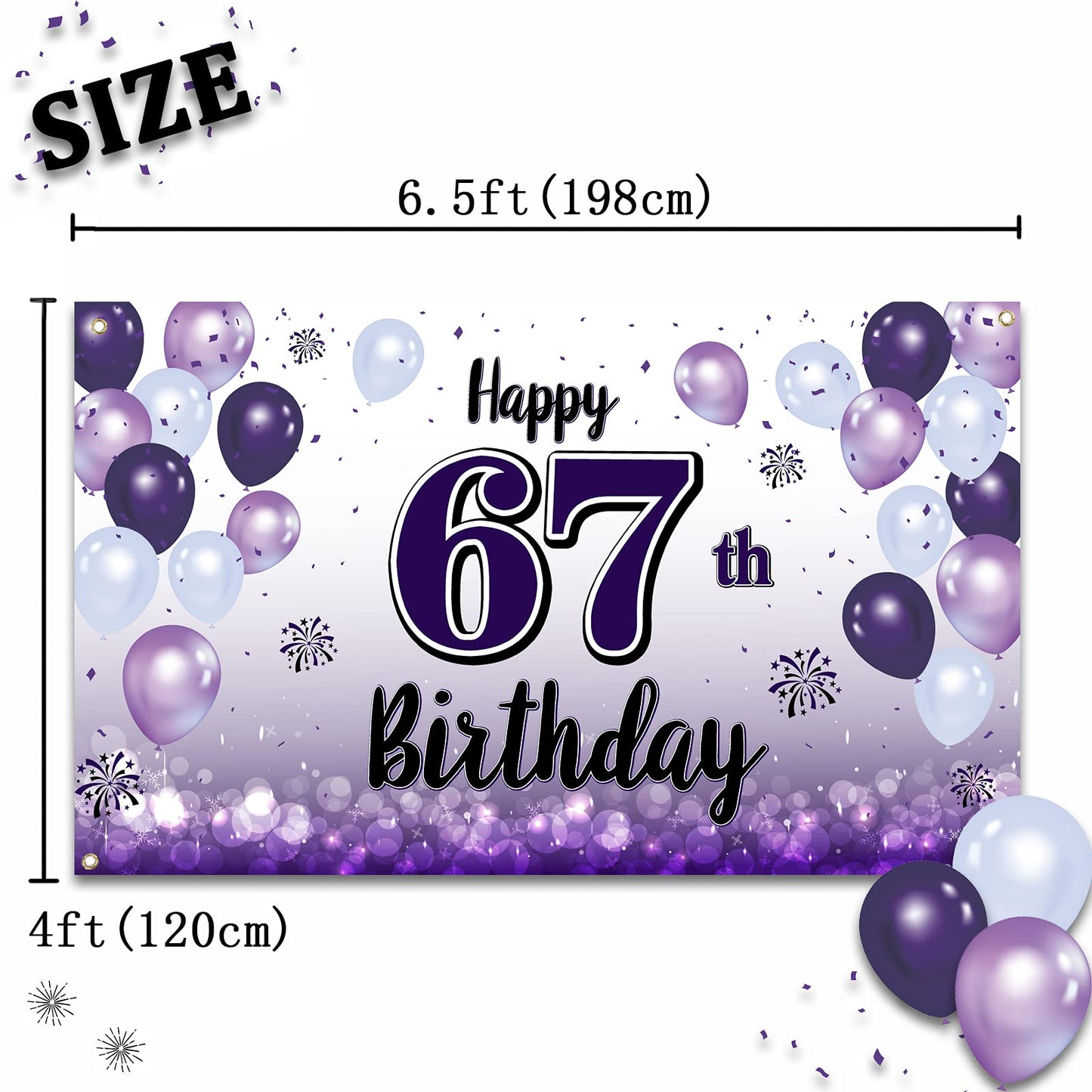 LASKYER Happy 67th Birthday Decorations,67th Purple Balloon Large Birthday Banner Backdrop Sign,67 Years Old Bday Party Supplies