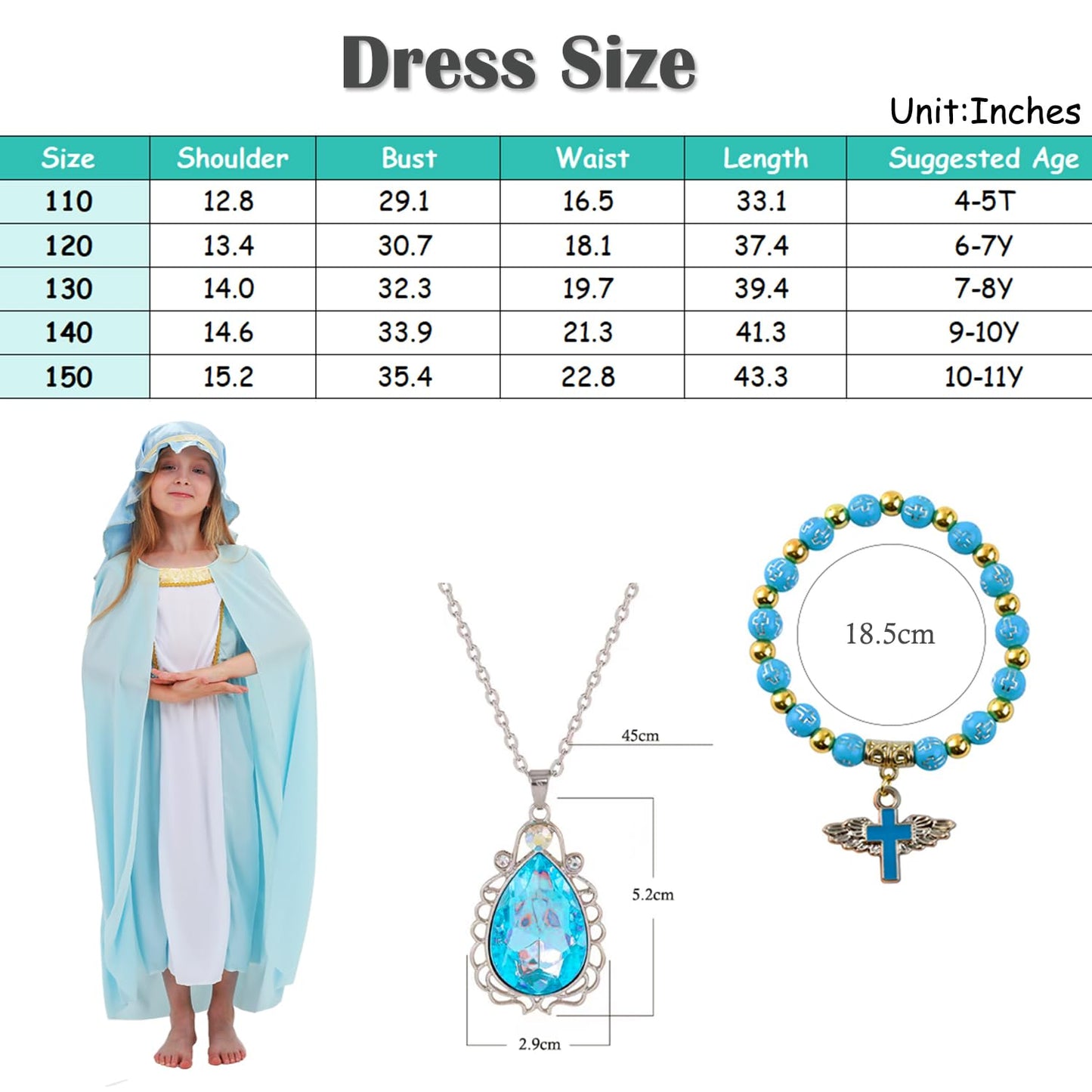 Aroacle Girls Virgin Mary Costume Saint Mary Biblical Outfit Religious Nativity Dress For Kids With Cape And Headpiece (9-10Y)