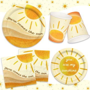 Boho Sun-Theme Birthday Party Supply Set; Complete Baby Shower Decorations With Sunshine Disposable Paper Plates, Cups, Tableclo