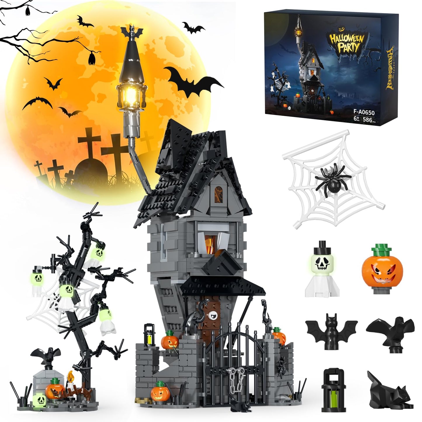Tweandar Halloween Haunted Mansion Building Set,Before Xmas Haunted House Building Blocks Set With Light, Glow-In-The-Dark Pumpk