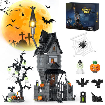 Tweandar Halloween Haunted Mansion Building Set,Before Xmas Haunted House Building Blocks Set With Light, Glow-In-The-Dark Pumpk