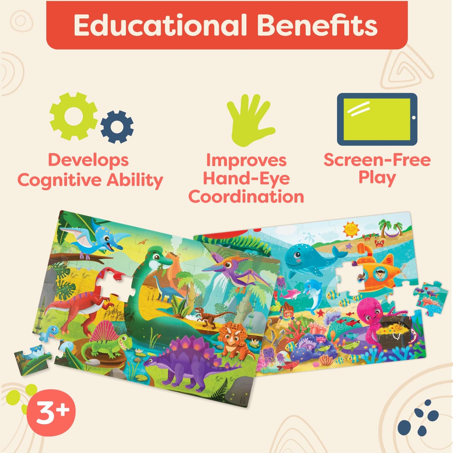 B. Toys- Gigantic Jigsaw 2-Pack - Sea & Dinosaurs- 48-Piece Floor Puzzles – 2 Puzzles, Ocean & Dinos – Large 2 X 3 Feet Jigsaw Puzzles For Kids – Educational & Developmental Toys – 3 Years +