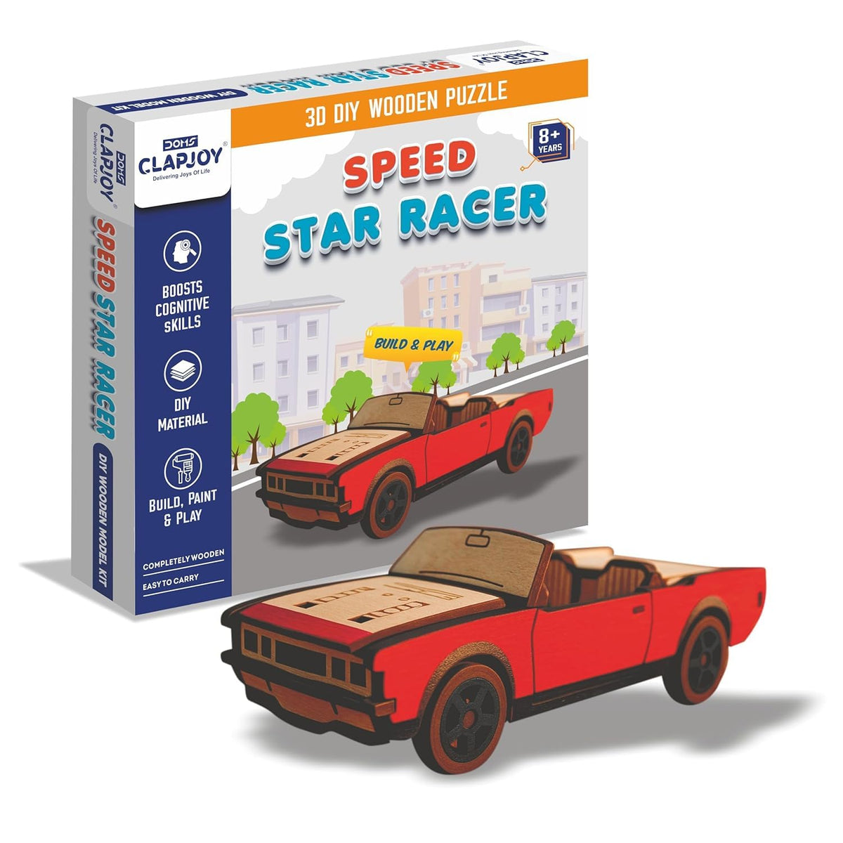 Clapjoy 3D Diy Wooden Puzzle Speed Star Racer Car, Build And Paint Craft Kit With Tempra Colors And Water Color Pens, 8+ Years