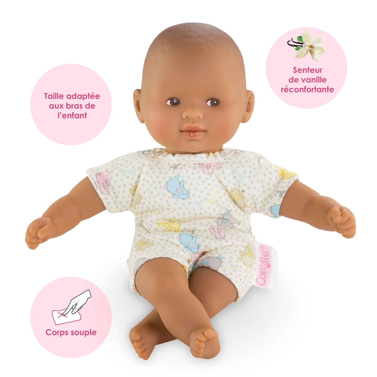 Corolle Mini Calin Bunnies Baby Doll - Small 8'' Soft Body With Brown Eyes And Bunny Pattern Outfit, Vanilla-Scented, Easy To Ho
