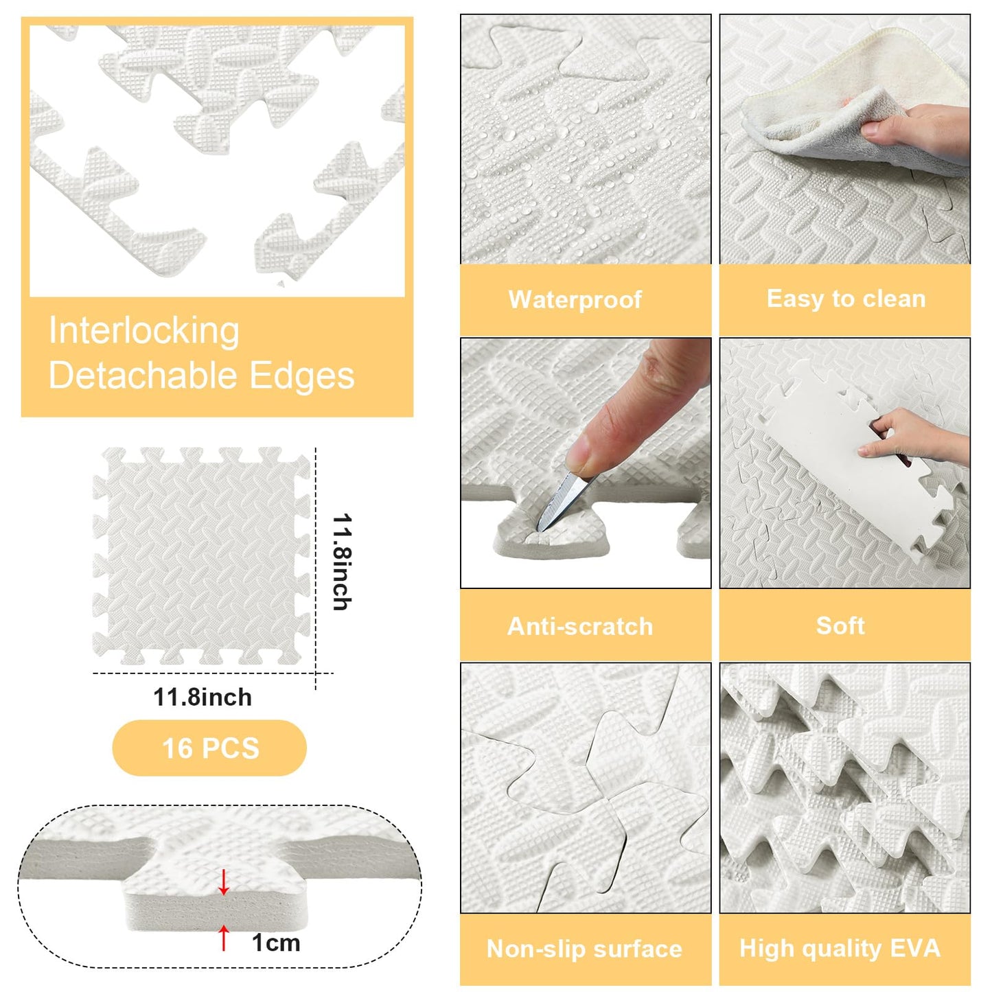Shihanee Foam Floor Mats - 16 Pcs Interlocking Baby Tiles 11.81 x 11.81 - White Playroom Nursery Gym Flooring