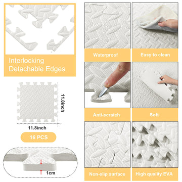Shihanee Foam Floor Mats - 16 Pcs Interlocking Baby Tiles 11.81 x 11.81 - White Playroom Nursery Gym Flooring