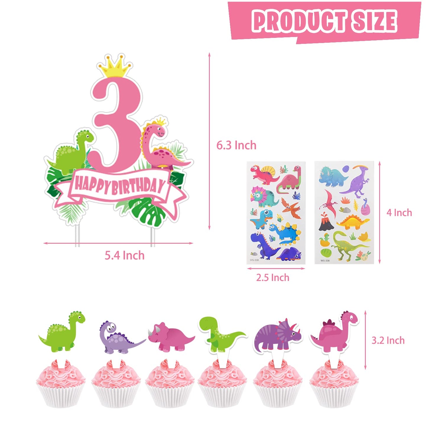 Mpanwen Girl Dinosaur Birthday Party Decorations, Three Rex Pink Dinosaur Dino Party Supplies For Girls Baby - Banner, Cake, And
