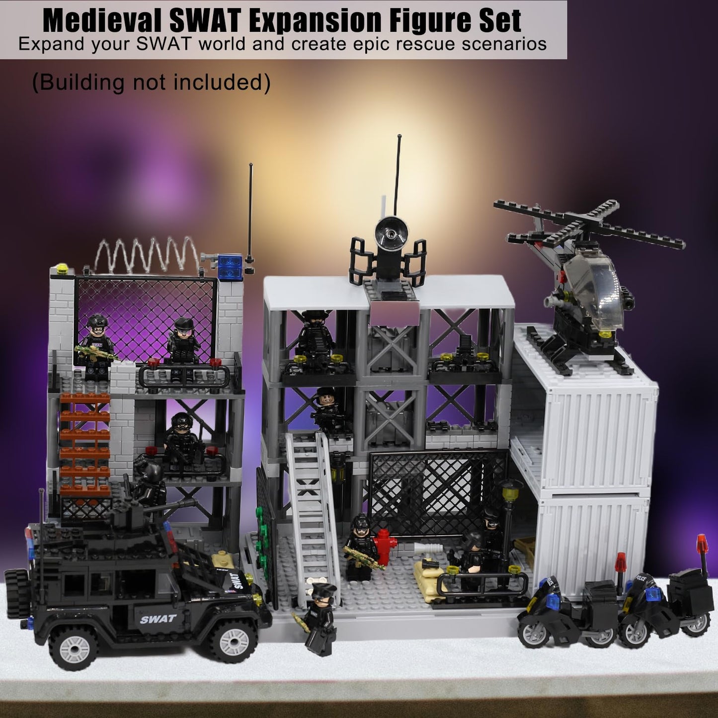 Koowants SWAT Set with 12 SWAT Officers  2 Mounted Police with Horse - 1 Helicopter  1 protective coveringed SWAT SUV Vehicle and 2 Motorcycle Safe & Durable ABS - Great Gift for Kids  Boys  and Collectors