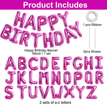 Toniful 65 Pcs 16 Inch Rose Red Happy Birthday Balloons And 2 Sets A-Z Foil Letters Balloons Diy Personalized Phrase Banner For