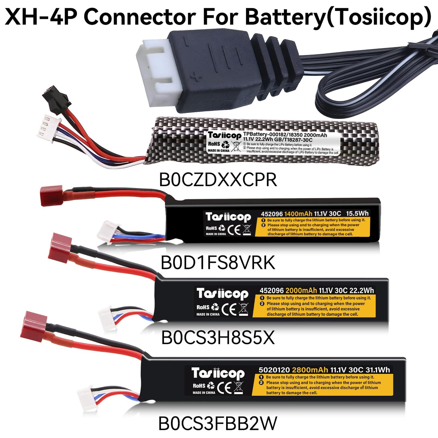 Tosiicop 11.1V Battery Charger Airsoft - 2A 1500mAh USB Chargers with XH-4P Plug Gel Blaster 3S Lipo Battery 11.1 Volt Li-ion Ba