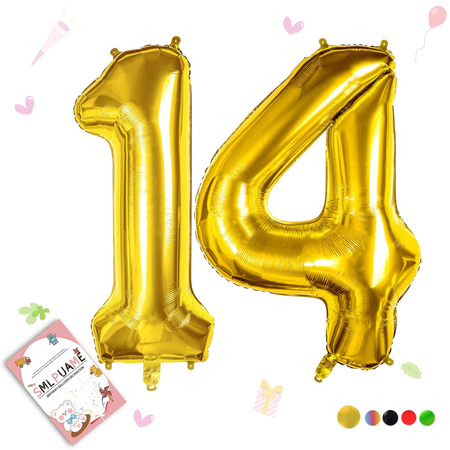 Smlpuame Gold Balloon, 40 Inch Number 14 Foil, For Birthday, Graduation, Wedding Anniversary Decorations, Includes Glue, Tying T