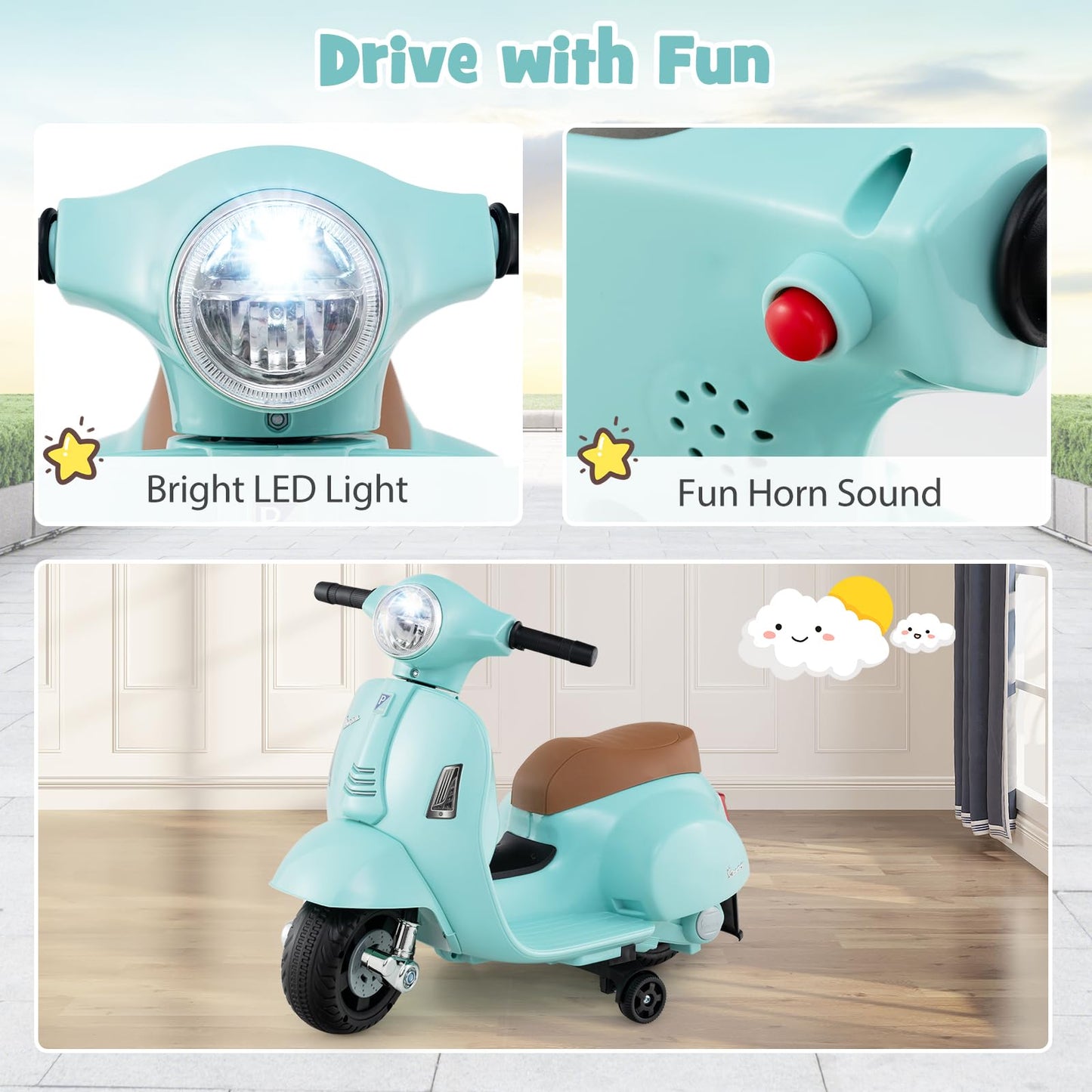 Costzon Toddler Motorcycle, Licensed Vespa Ride on Motorcycle with Training Wheels, LED Headlight & Horn Sound, Ride on Toy, 6V