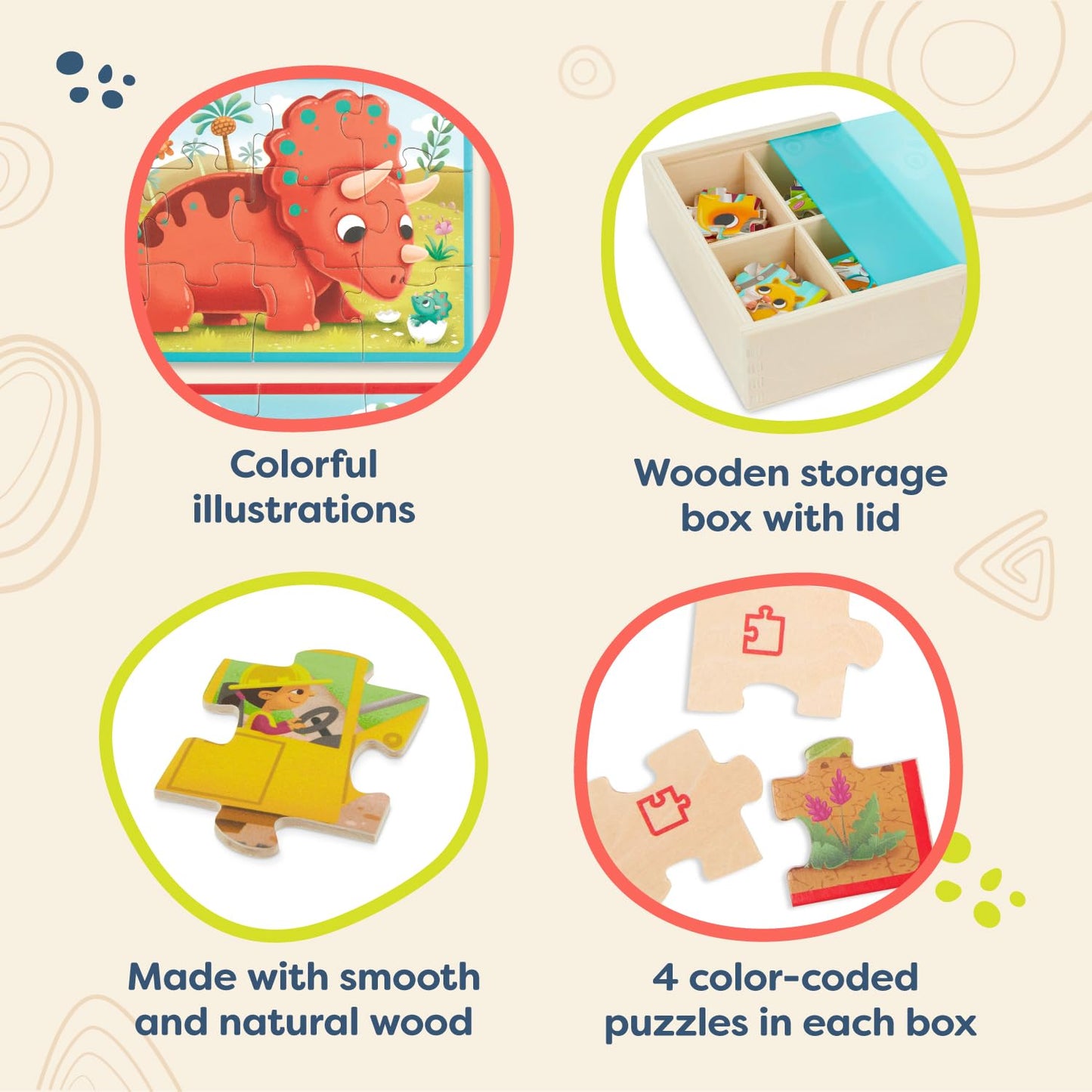 B. Toys- Pack O' Puzzles 3-Pack - Pets, Dinos & Trucks- Wooden Puzzle Box Set – 3 Puzzle Boxes, 12 Puzzles – 4 Dinos, 4 Pets, 4 Trucks – 12-Piece Jigsaw Puzzles For Kids – 3 Years +