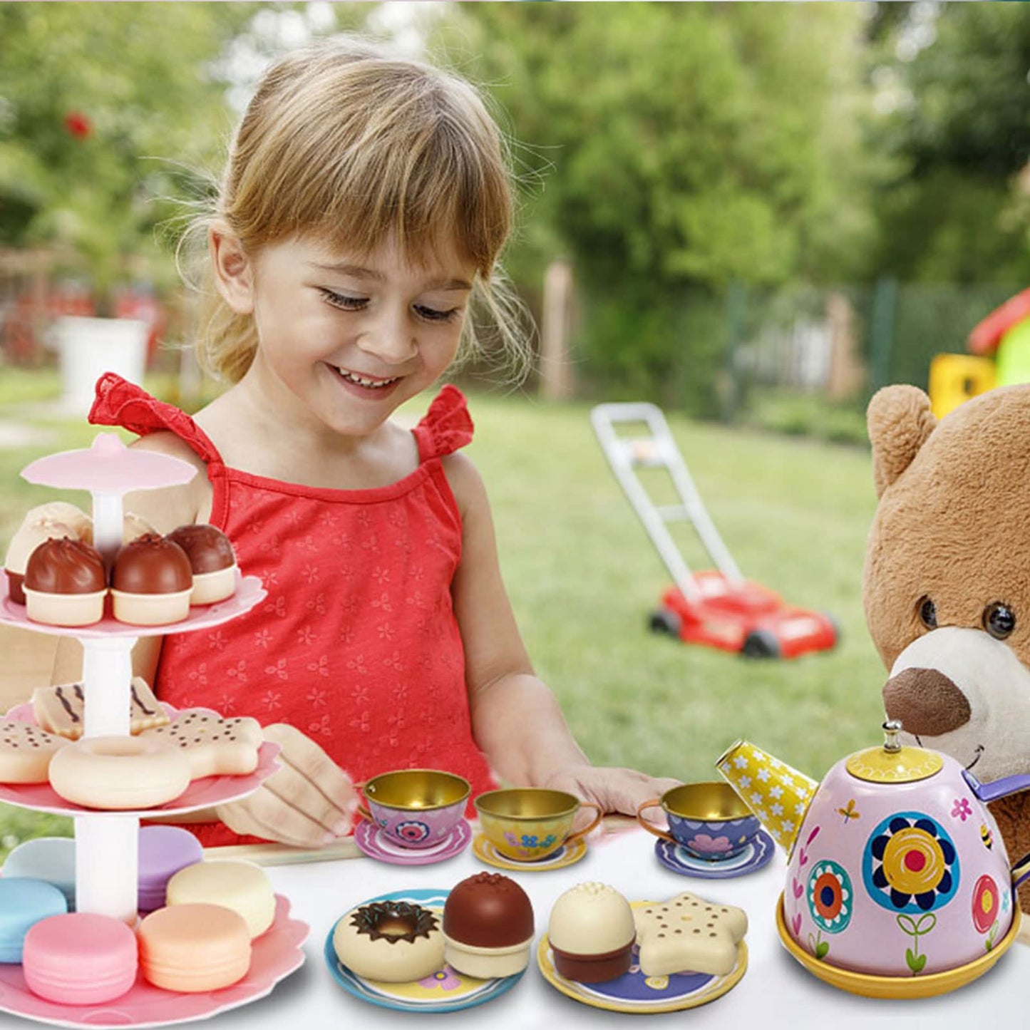 Hummigoo Tea Party Set For Little Girls, Pretend Dessert Food Set For Kids Age 3 4 5 6 7 8 9, Kids Kitchen Pretend Play Dessert