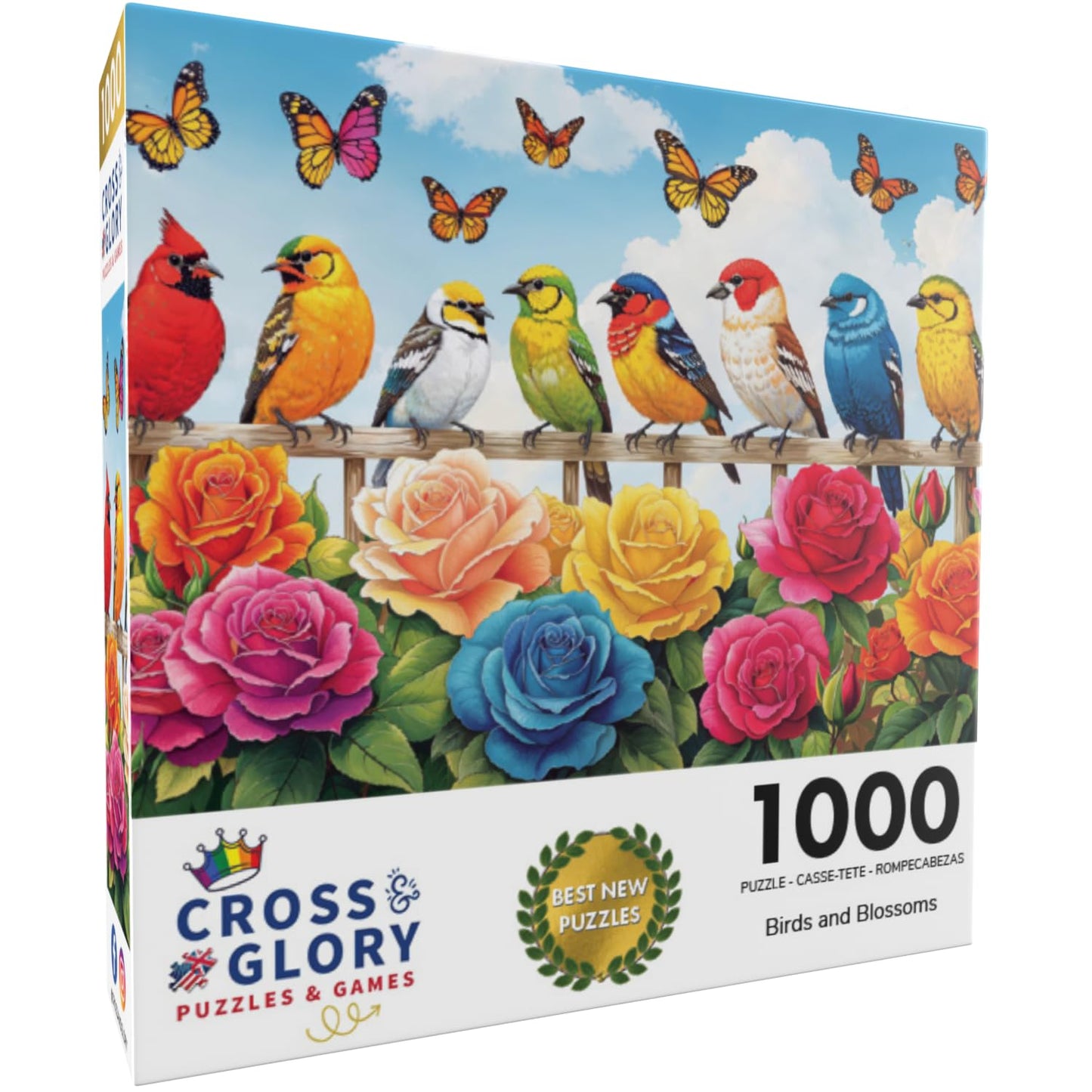 Cross & Glory - Birds And Blossoms - 1000 Piece Jigsaw Puzzle For Adults | Colorful Rose Garden Gala With Vibrant Birds & Roses