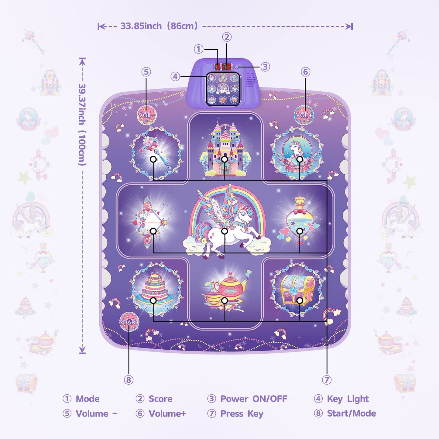 GirlsHome Dance Mat - Unicorn Electronic Pad with 5 Game Modes, LED Lights, Medium Size, Purple - Perfect Gift for Girls 3-12