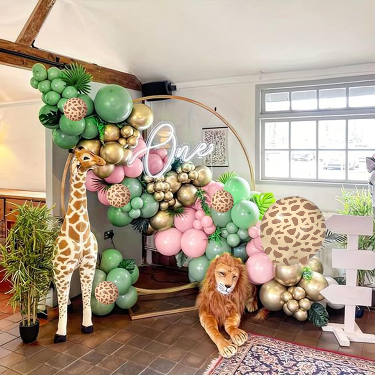 Pink Wild One Balloon Arch With Backdrop 59X40 Inch For Wild One Birthday Decoration, Safari Jungle Balloons Garland Arch Kit Gi
