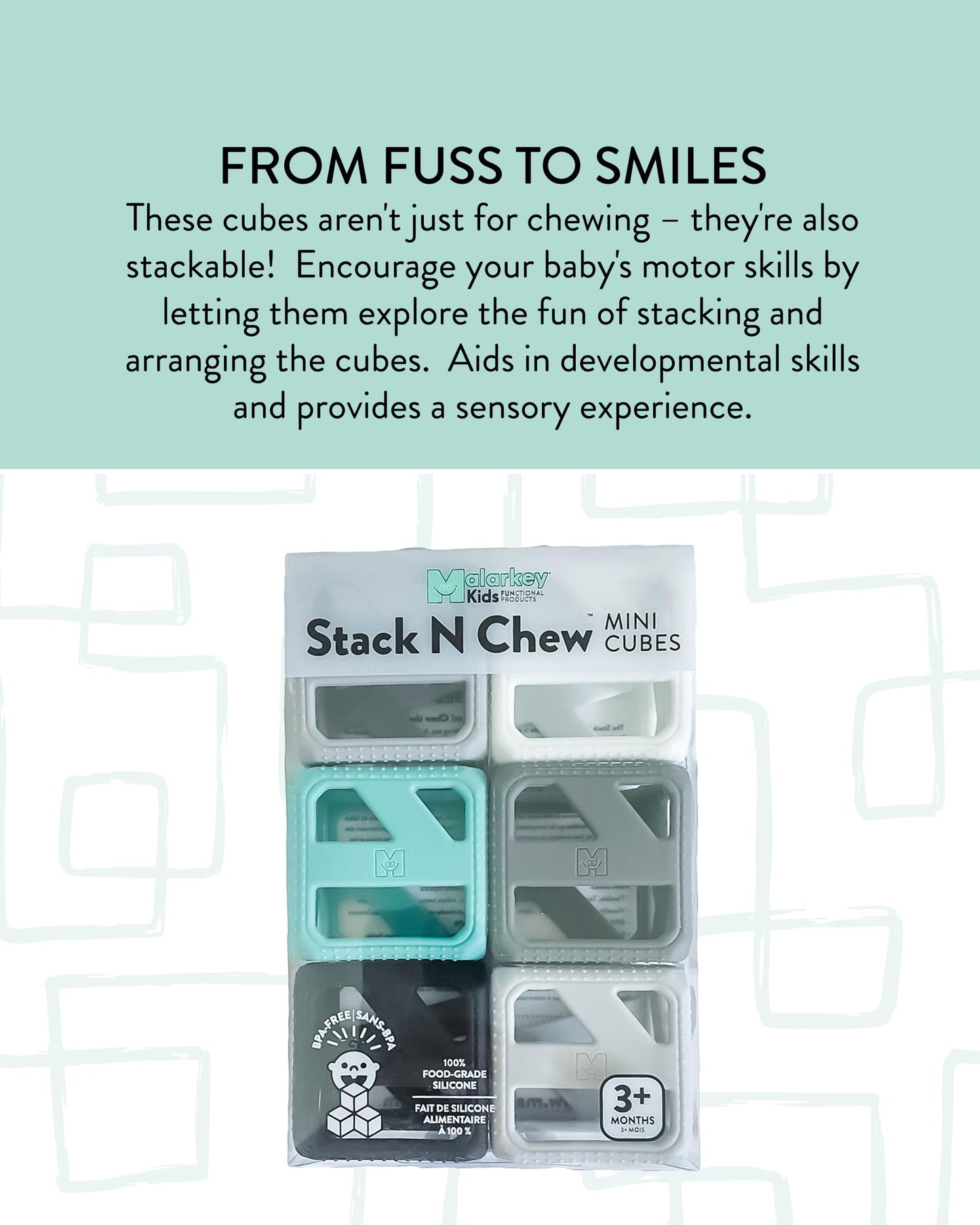 Malarkey Kids Stack N Chew - Mini Cubes Baby Chew Toy Monochrome - Develops Fine Motor Skills, Increases Grip Strength, Stimulates Hand-Eye Coordination (Monochrome)