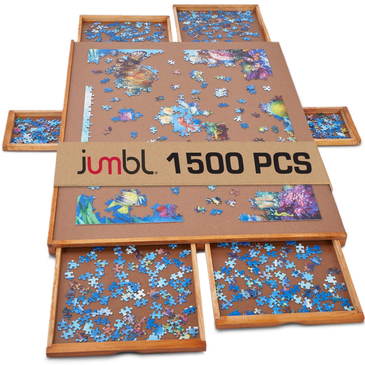 Jumbl 1500-Piece Puzzle Board | 27” X 35” Jigsaw Puzzle Table | 6 Removable Magnetic Sorting Drawers | Smooth Plateau Fiberboard Work Surface & Hardwood Construction | For Games & Puzzles