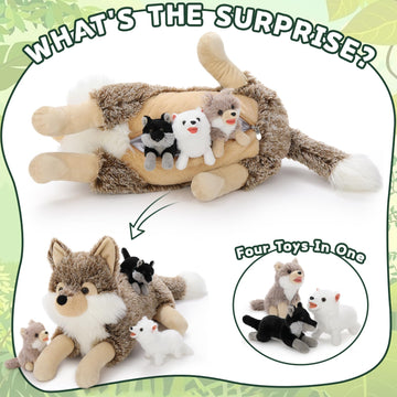 Beniny 4Pcs Wolf Stuffed Animals Set, Grey Mommy Wolf Plush 20 Inch With 3 Baby Wolves, Realistic Wolf Toys For Wolf Lover Party