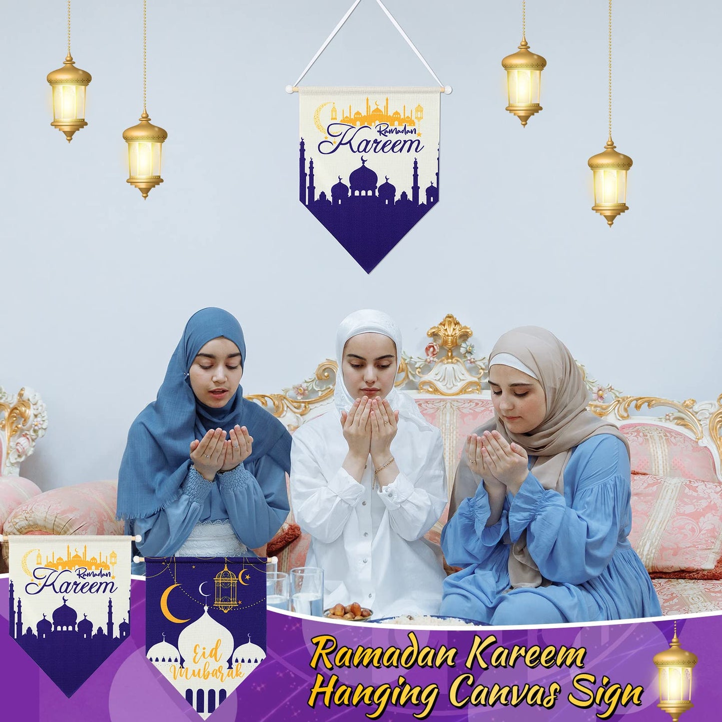 2 Pieces Ramadan Kareem Hanging Canvas Sign Eid Mubarak Hanging Canvas Sign Ramadan hanging sign Eid Mubarak sign for Ramadan Ka