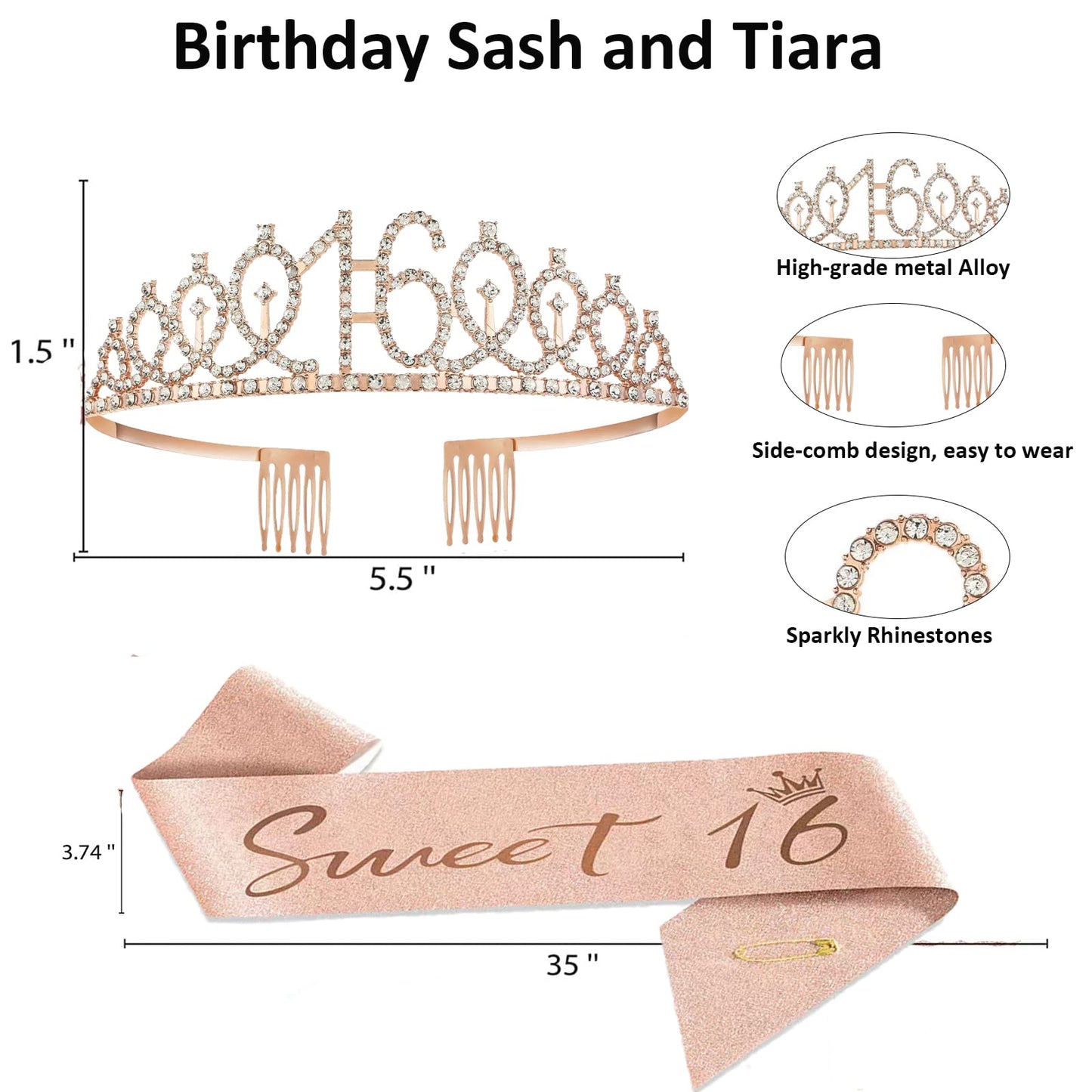 Sweet 16 Party Decorations, Rose Gold 16Th Birthday Decorations For Girls, Happy Birthday Banner, Curtains, Cake Topper, Bday Sa
