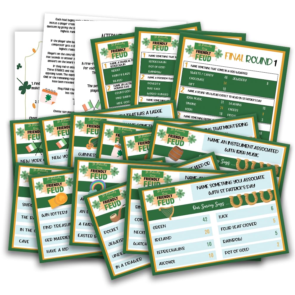 Pazag St. Patrick's Day Friendly Feud Quiz Game, Medium Paper Trivia for Adults and Groups, Holiday Party Supplies