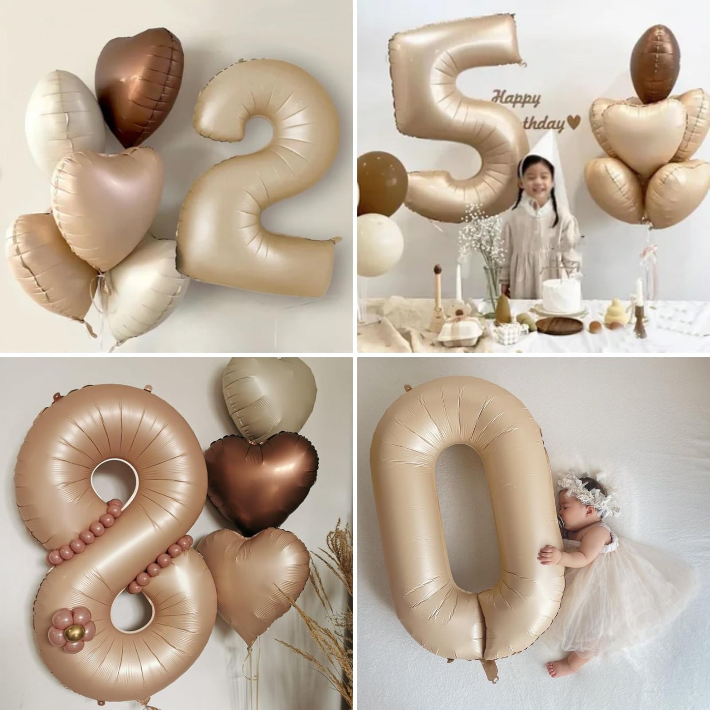 Biapian 40 Inch Light Brown Number 9 Balloons, Apricot Large Number 8 Balloon With 18'' Retro Foil Heart Balloons Helium For Neu