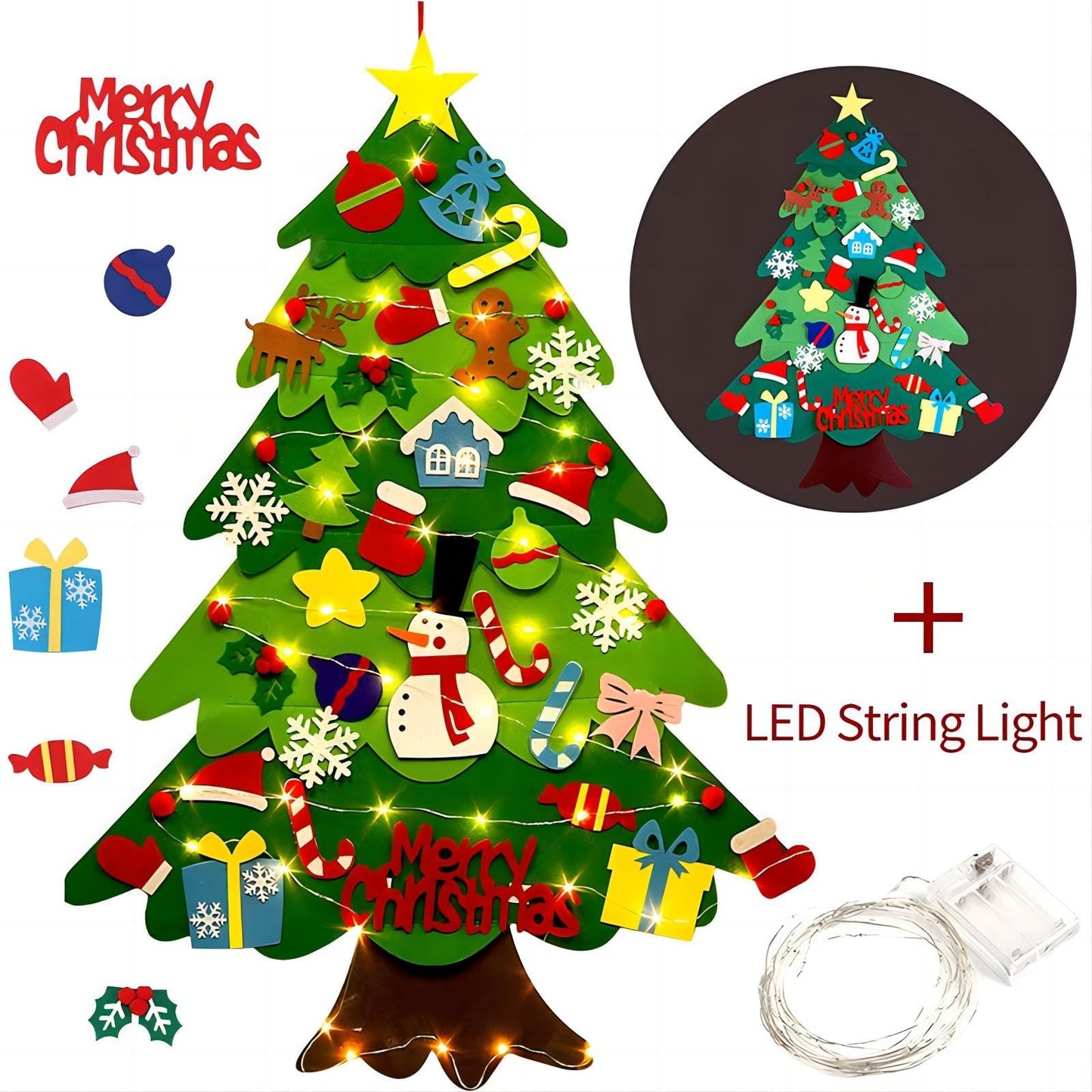 LNV Felt Christmas Tree with 32pcs Ornaments Xmas Decorations,Kids Christmas Tree with LED Light Wall Hanging Felt Christmas Tre