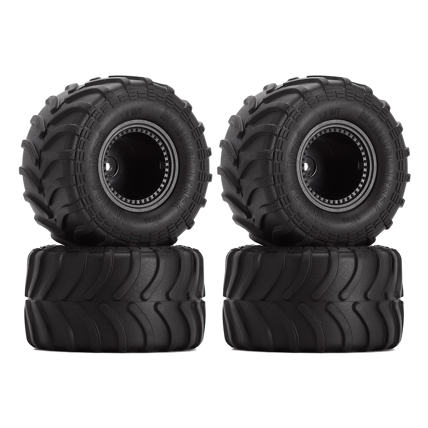 INJORA Monster Truck Wheel Rim Tires Set for Axial SCX24 FMS FCX24 and TRX4MT, 70 * 38mm, MT1012(Black)