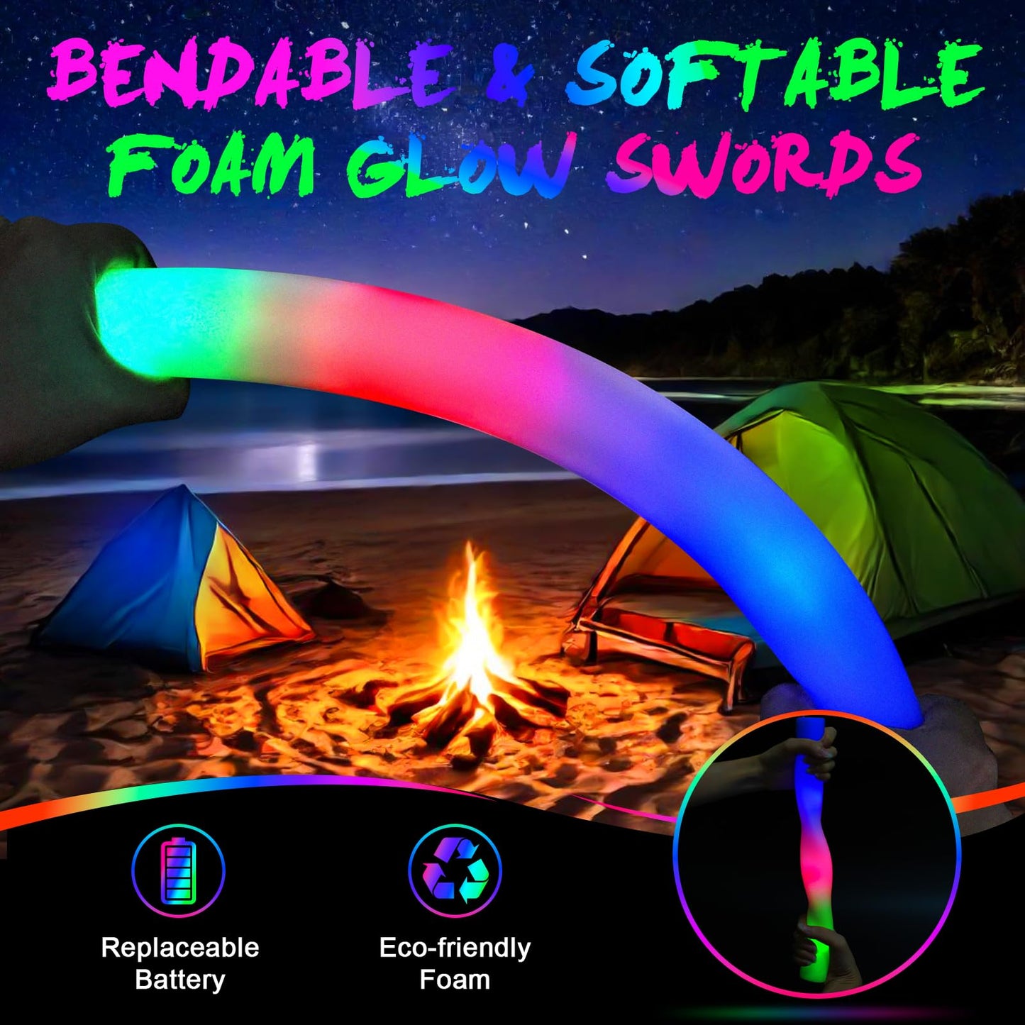 wellent 64 Pack Foam Glow Sticks, Bulk LED Foam Sticks, Foam Light Up Sticks with 3 Mode Colorful Flashing, Glow Party Supplies,