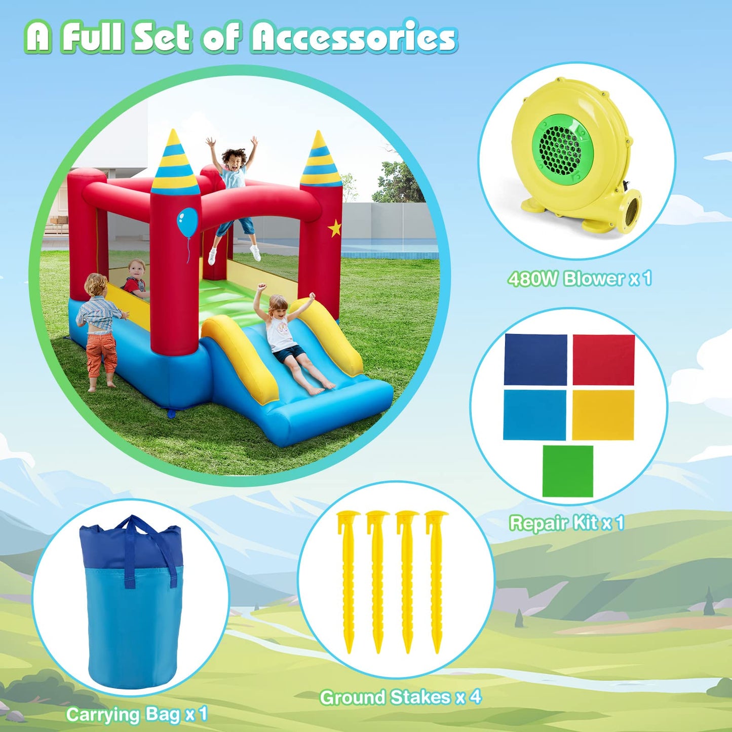 HONEY JOY Inflatable Bounce House  Jumping Castle with Slide  Oxford Carrying Bag  Basketball Rim  Air Bouncer for Kids Indoor Outdoor Play (with 480W Blower)