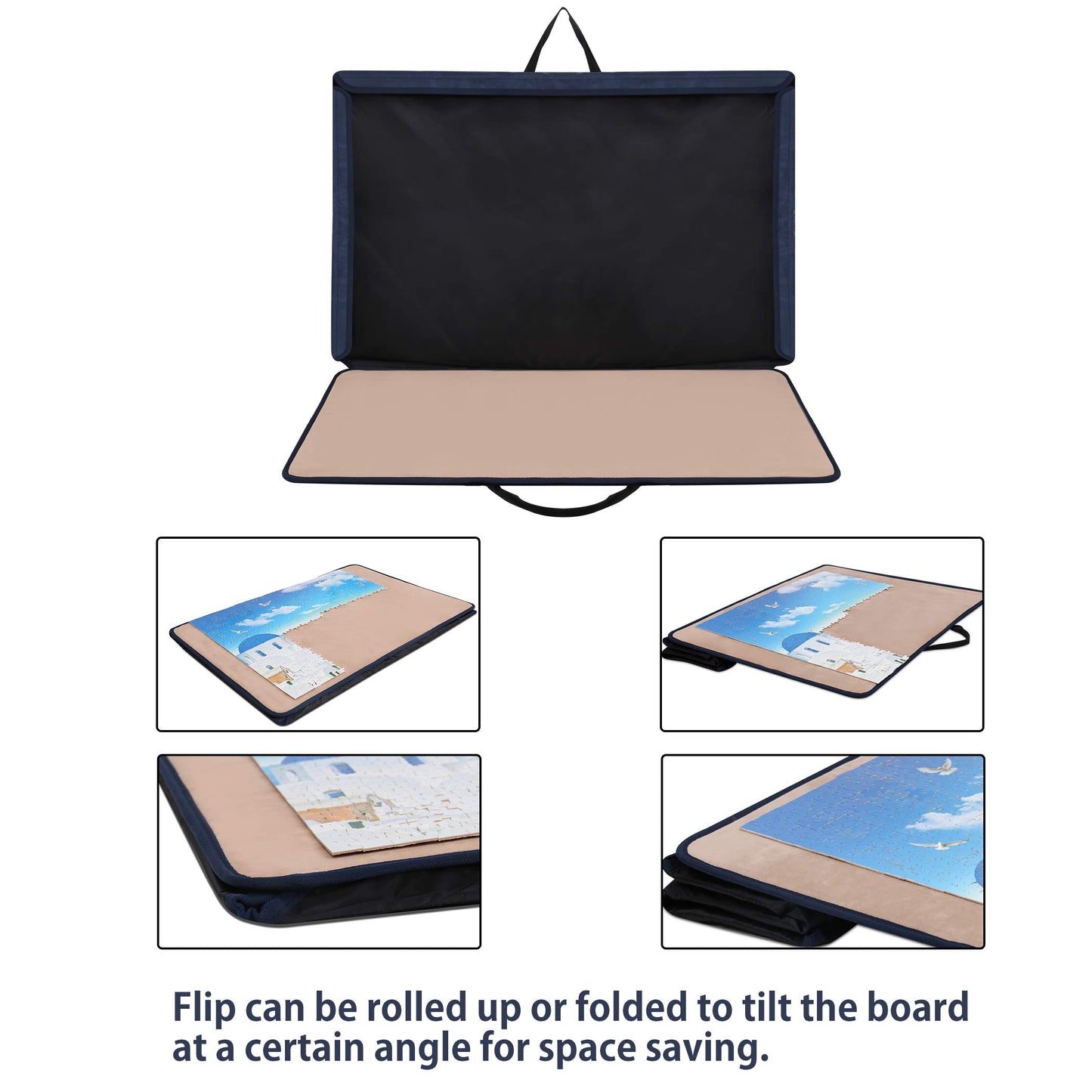 Becko US Jigsaw Puzzle Board - Portable Storage Case for Up to 1000 Pieces, Non-Slip Surface, Dark Blue & Khaki, Model WGPTB