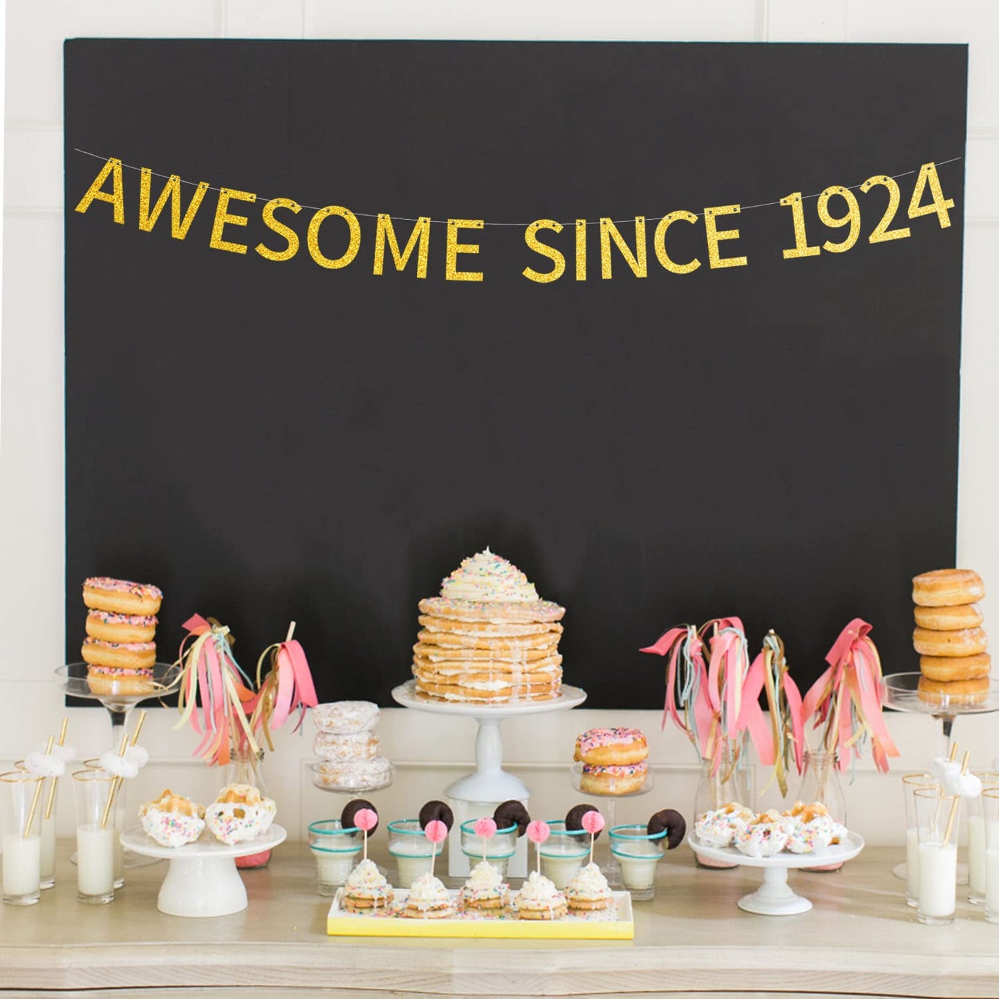 Awesome Since 1924 Banner Pre-Strung Happy 100Th Birthday Banner Gold Glittery 100 One Hundred Years Old Birthday Party Decorati