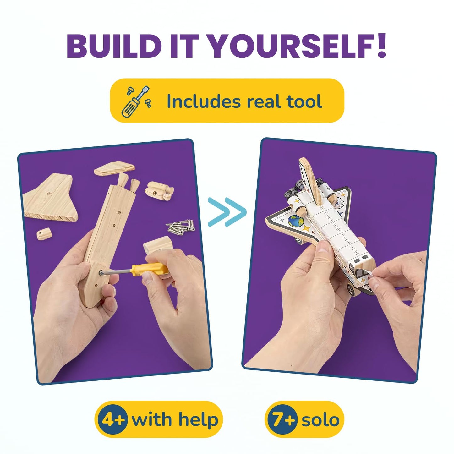 DIY Build Your Own Space Shuttle Toy Model - Wooden Kit w/Stickers - Kids Wood Building Kit for Boys & Girls - Toy Spaceship Ste