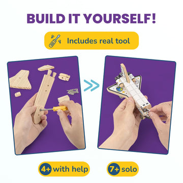 DIY Build Your Own Space Shuttle Toy Model - Wooden Kit w/Stickers - Kids Wood Building Kit for Boys & Girls - Toy Spaceship Ste