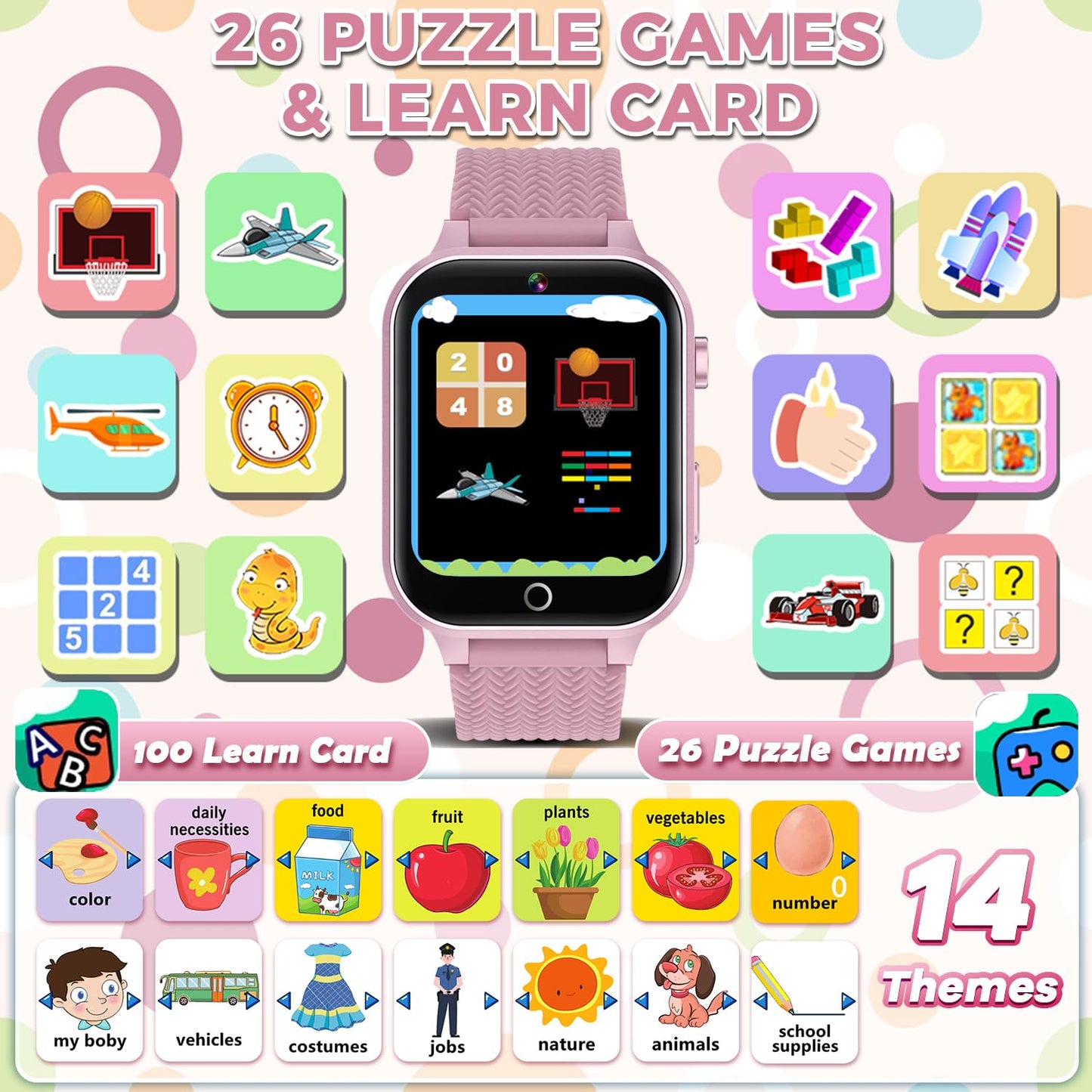 Kids Smart Watch for Girls Age 3-12 with 26 Games Audiobook Learning Cards HD Video Camera Touchscreen Music Player Pedometer Metal Case Kids Watch Toy Birthday Gift with 2 Screen Protector (Pink)