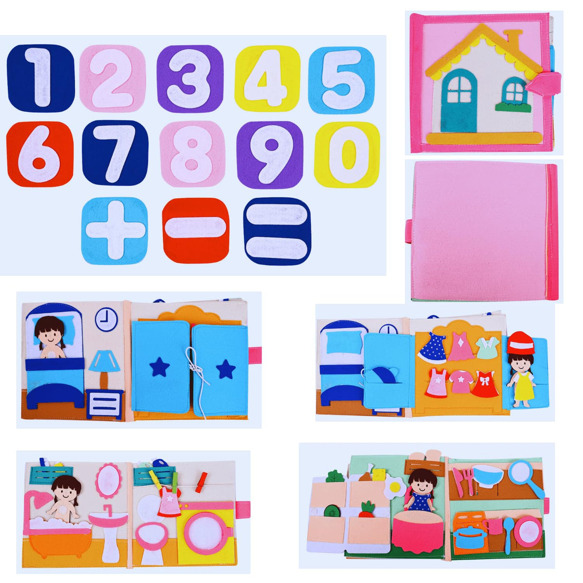 Happy Hearts Montessori Felt Numbers & Interactive Dollhouse Quiet Book Set For Girl | Educational & Fun Learning Toys For Toddl