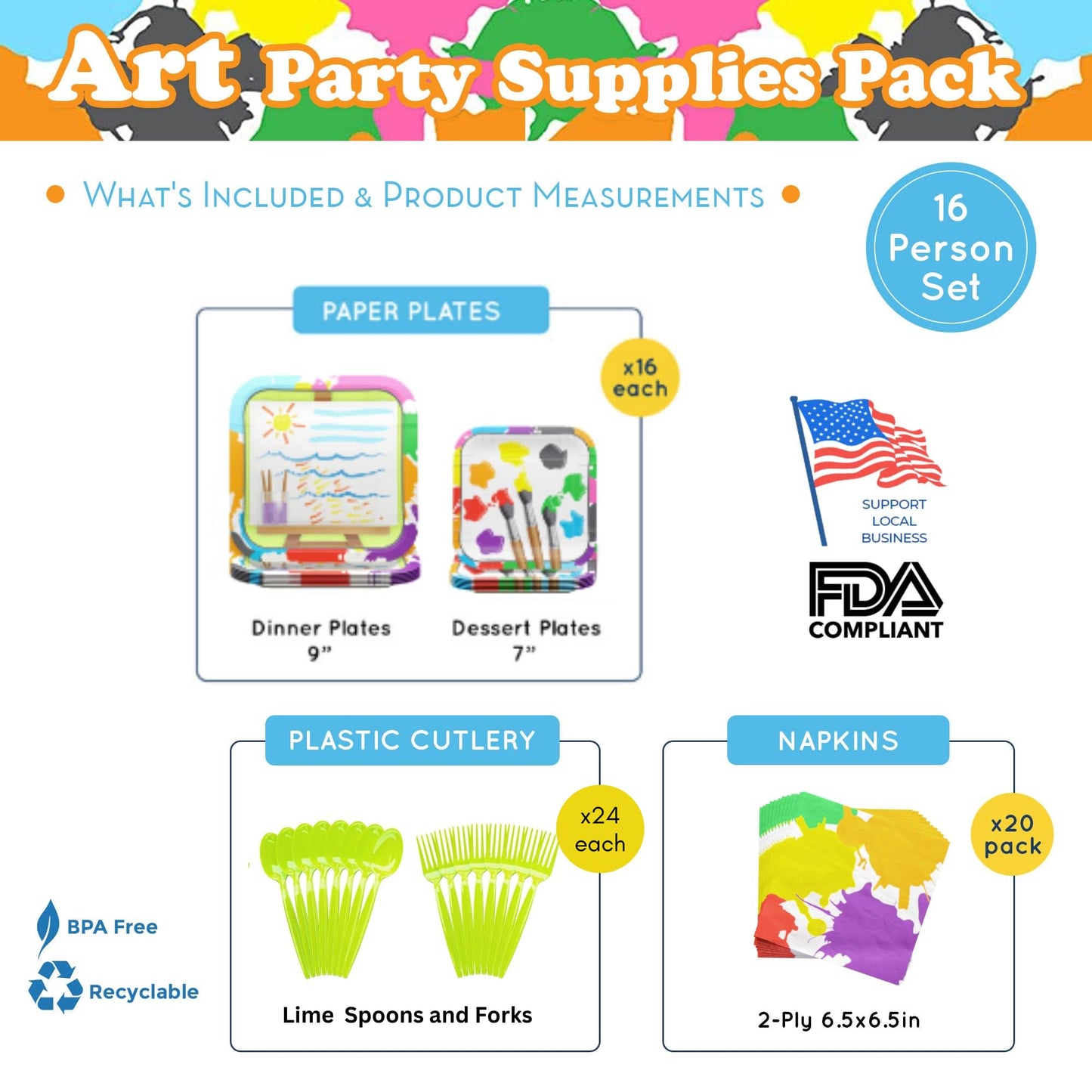 Art Party Supplies Packs (100 Pieces For 16 Guests) - Art Party Decorations, Paint Party Decorations, Artist Party Favors, Art Birthday Party Decorations, Art Party, Blue Orchards