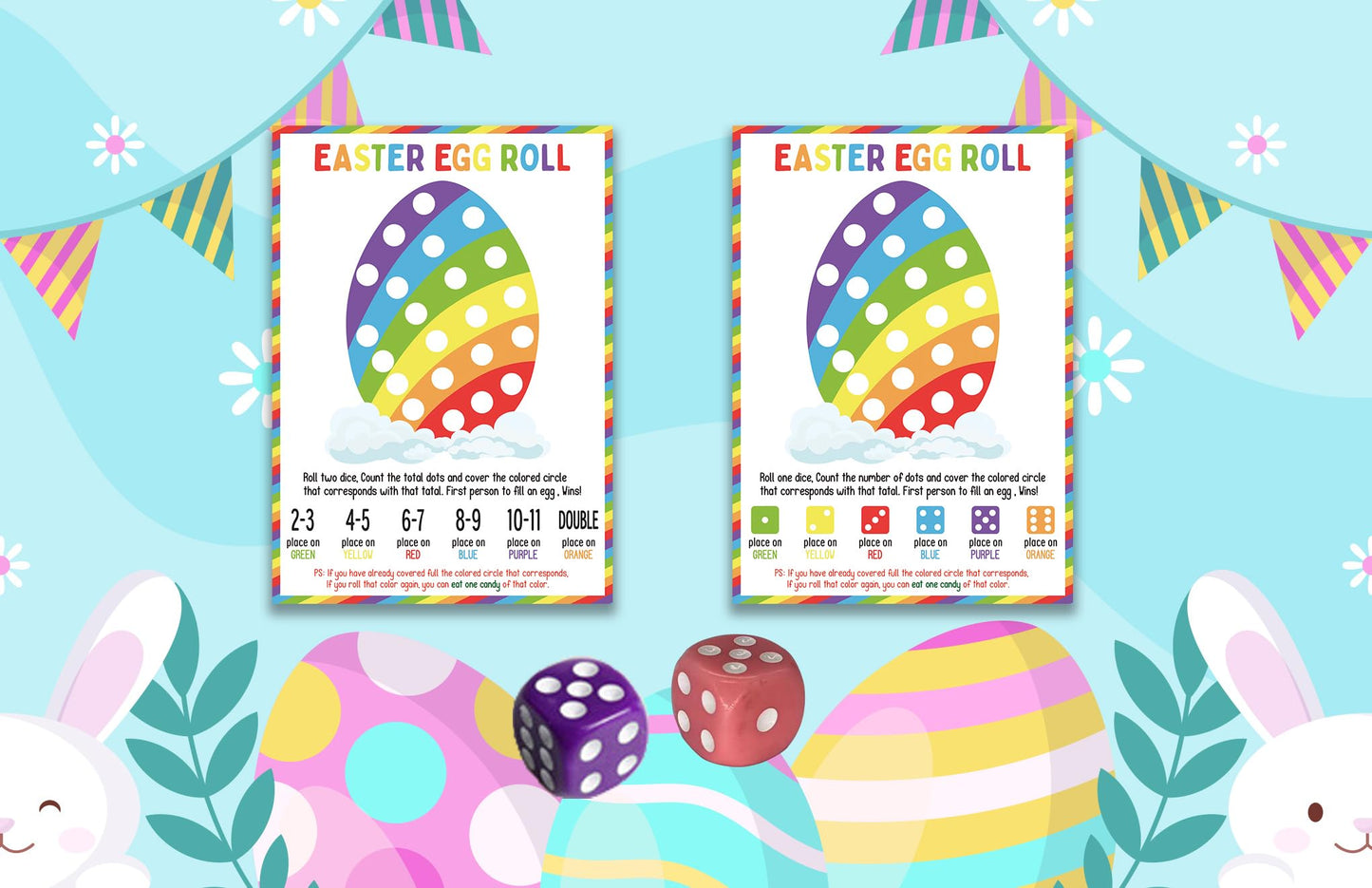 BEUFSE Easter Egg Roll Dice Game, Roll The Egg Game with Two Dices for Easter, Easter Roll The Dice Game, Easter Party Game Supp