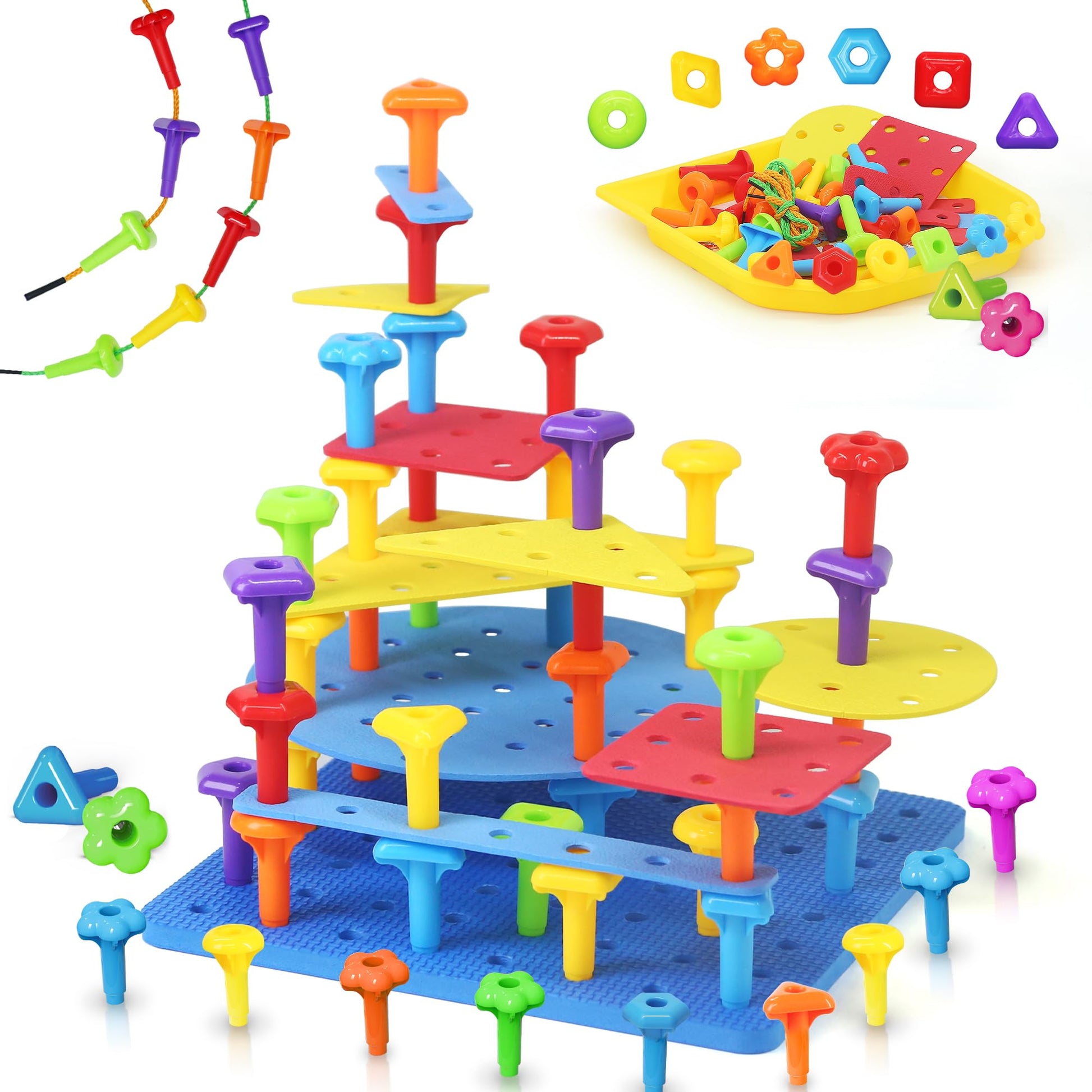 Ggiibro Peg Board Set STEM Toys for Toddlers Ages 3-6 | Montessori Sensory Stacking & Lacing Kit with Thick/Thin Foam Boards & S