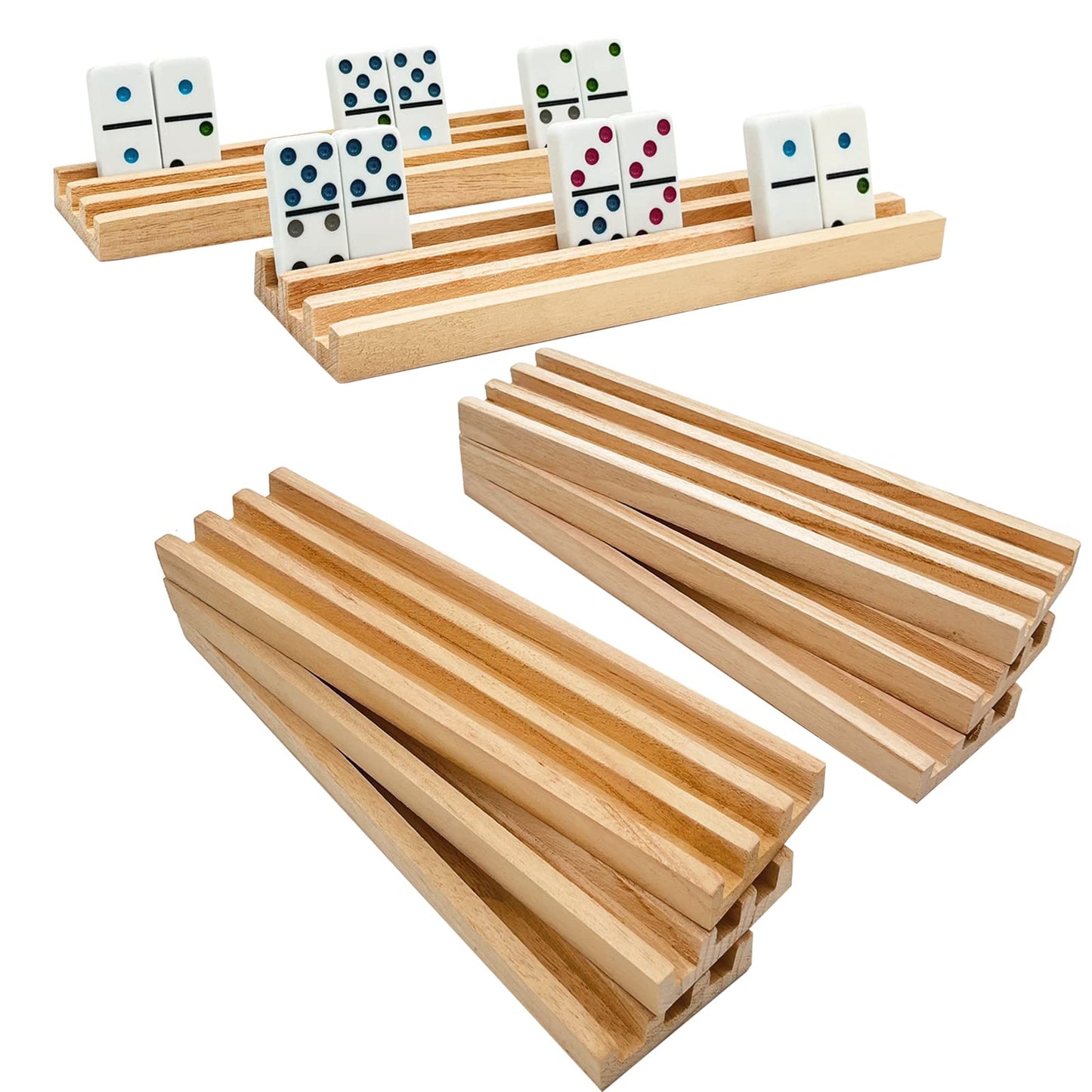 SUTIMSHE Wooden Domino Racks Set of 8 - Natural Holders for Mexican Train & Chickenfoot Games, Dominoes NOT Included